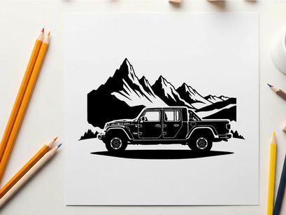 Silhouette of a jeep in front of majestic mountain range silhouette