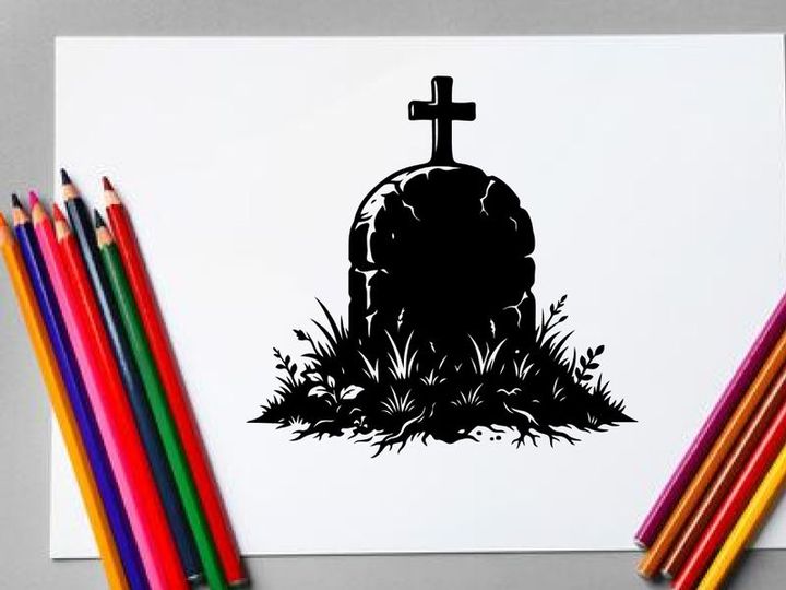 Silhouette of a Cross on a Tombstone with Grass in Black and White