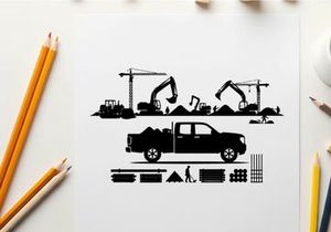 Construction site silhouette with truck and equipment