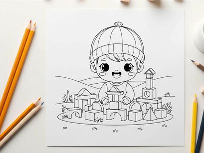 Cute baby playing with wooden blocks vector illustration