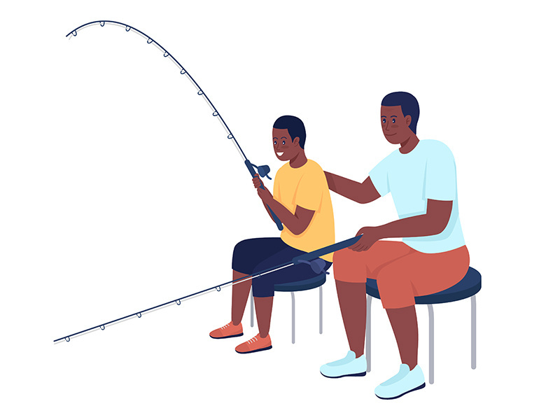 Dad teaches son fishing semi flat color vector characters