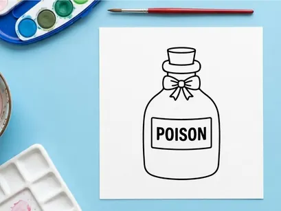 Poison bottle with warning label and cork stopper. Toxic chemical hazard container for safety and danger illustration.