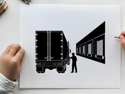 Silhouette of a man standing next to a truck at a warehouse dock