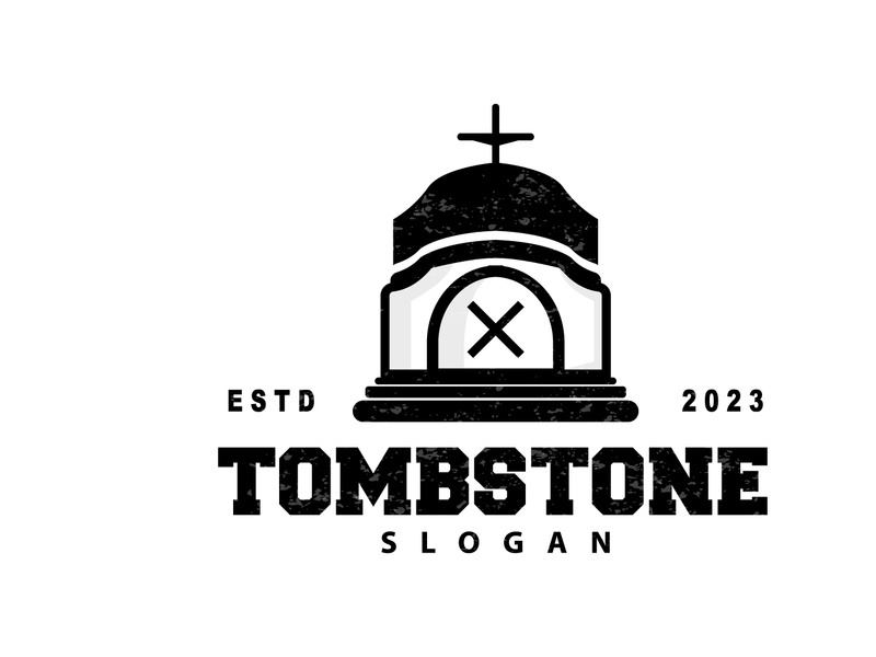 Tombstone Logo, Tomb Cemetery Cross, Vector Vintage Label, Retro Badge, Inspirational Design