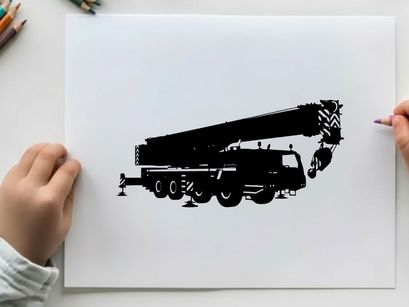Silhouette of a large truck mounted crane vehicle