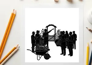 Silhouette of a group gathered around a hearse at a cemetery gate