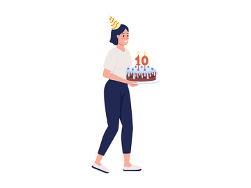 Lady with birthday cake semi flat color vector character preview picture
