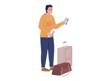 Young man with luggage bags and flight ticket semi flat color vector character preview picture