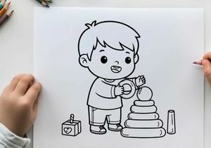 Cute child playing with toy blocks vector illustration