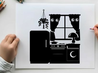 Silhouette of kitchen with orange appliances and black curtains