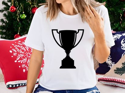 A black trophy icon on a white background symbolizing achievement and success