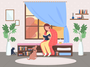 Woman reading at home flat color vector illustration preview picture