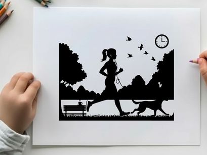 Silhouette of woman jogging with dog at sunrise