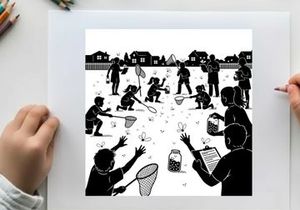 Children playing with butterflies in a suburban setting silhouette