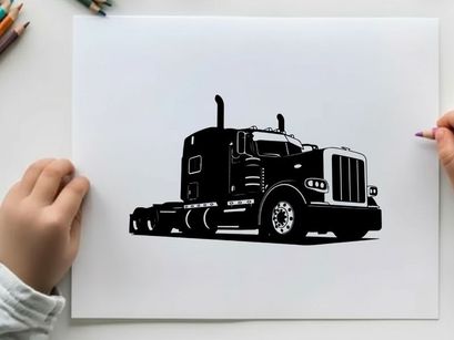 Silhouette of a large black semi truck on a white background