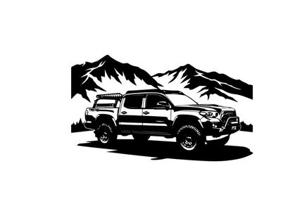 Silhouette of a rugged pickup truck in front of majestic mountains