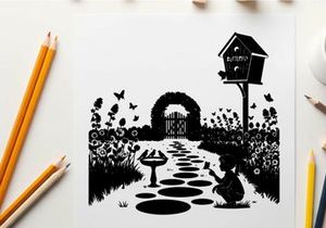 Whimsical garden scene with birdhouse and child