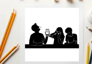 Silhouette of three people looking at a phone in a row