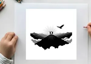 Silhouette of lovers on mountain peak with bird and sun silhouette