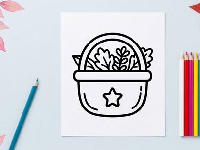 Basket with leaves icon. Simple line art illustration of a container with foliage.