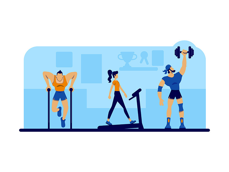 Gym workout with equipment flat concept vector illustration