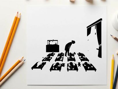 Silhouette of a man standing among multiple people on beds