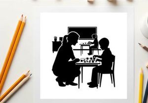 Silhouette of two children playing chess in a classroom setting