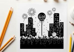 New year's eve celebration silhouette with fireworks and city skyline