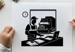 Silhouette of a man in an office with a large truck outside