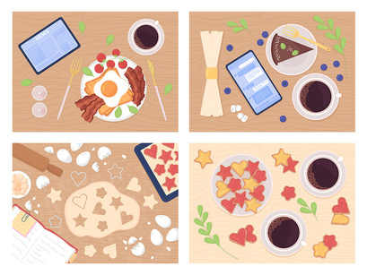 Eating and cooking flat color vector illustration set