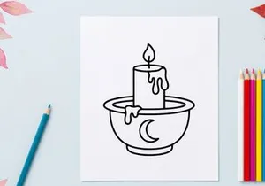 Melting candle in ceramic bowl for Halloween ritual. Dripping wax spiritual decoration for spooky autumn celebration.
