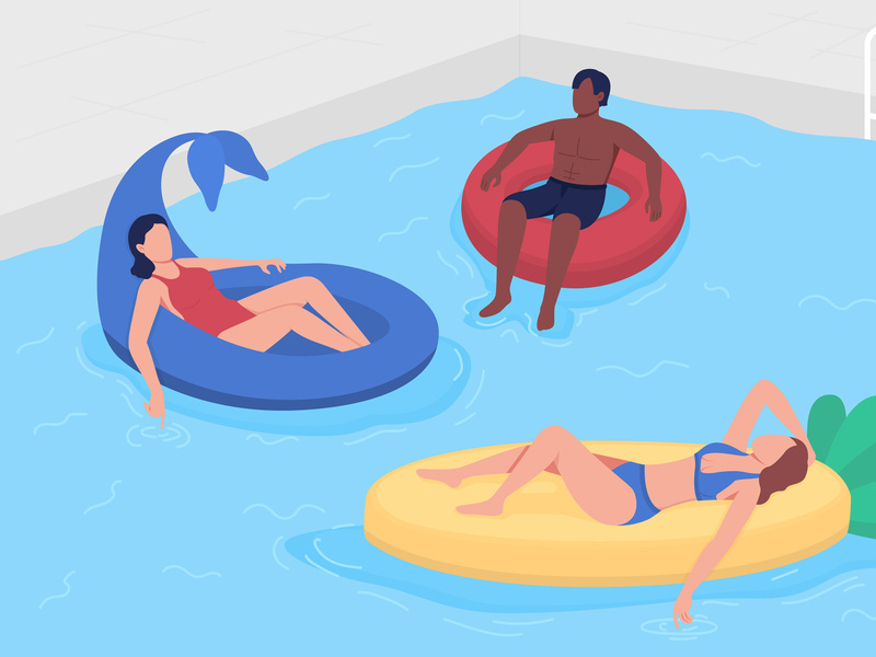 Having fun with friends in swimming pool flat color vector illustration