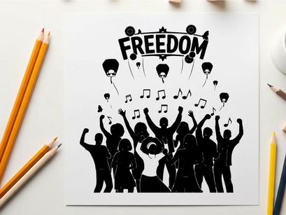 Silhouette of people celebrating freedom with music and balloons