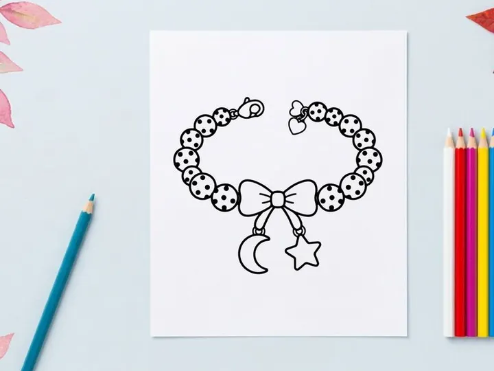 Hand-drawn Halloween charm bracelet with moon and stars. Black and white dotted bead jewelry for spooky season accessories.