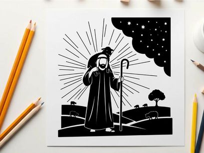 Silhouette of a biblical shepherd under a starry night sky