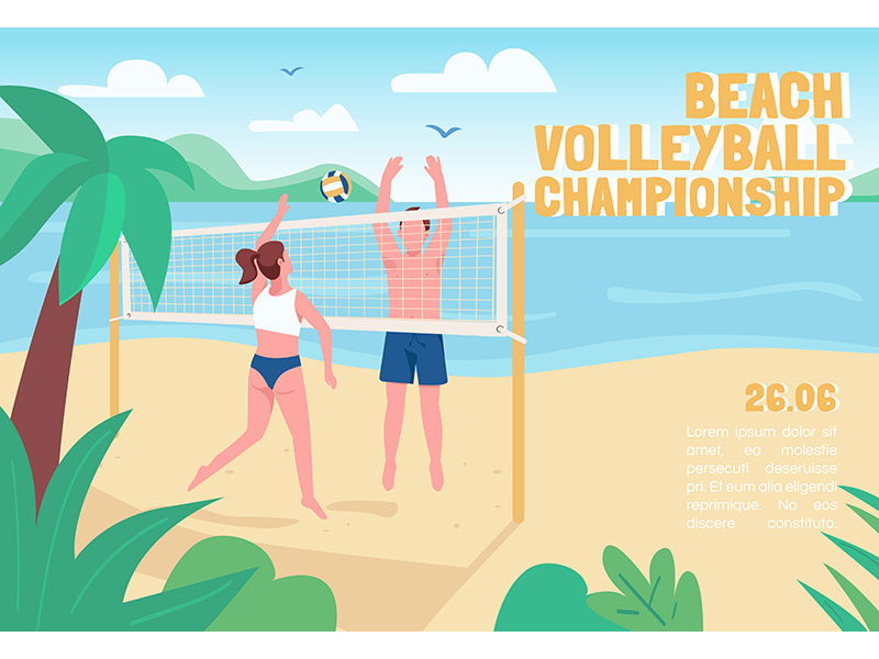 Beach volleyball championship banner flat vector template
