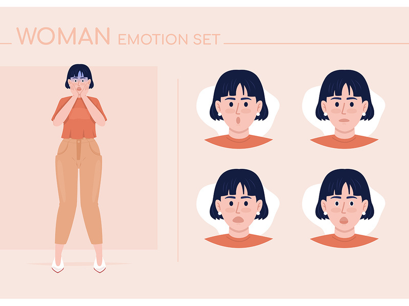 Confused young woman semi flat color character emotions set
