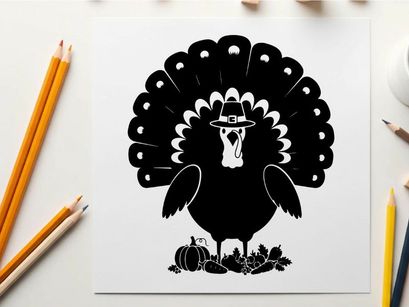 Black silhouette of a pilgrim turkey with hat and feathers