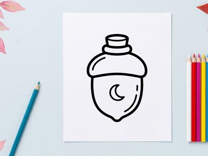 Acorn potion bottle icon. Magical forest nut with moon symbol for fantasy design.