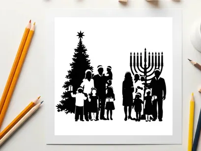 Holiday celebration silhouette of family by christmas tree and menorah