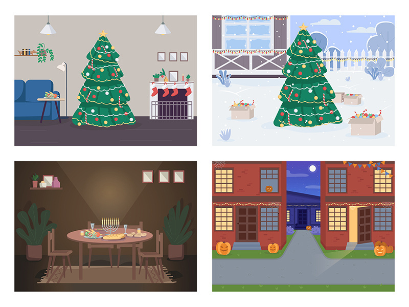 Traditional holiday flat color vector illustration set