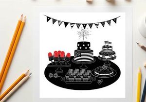 Silhouette of a festive dessert table with cakes and cupcakes silhouette