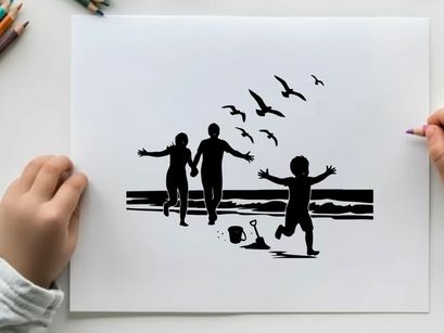 Family silhouette running on beach with seagulls flying overhead