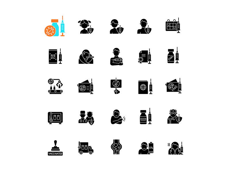 Vaccination and covid passport black glyph icons set on white space