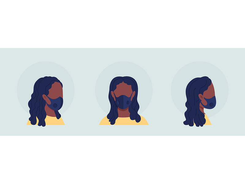 Black woman flat color vector character avatar with mask set
