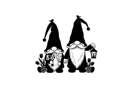Two gnomes in silhouette with flowers and lantern