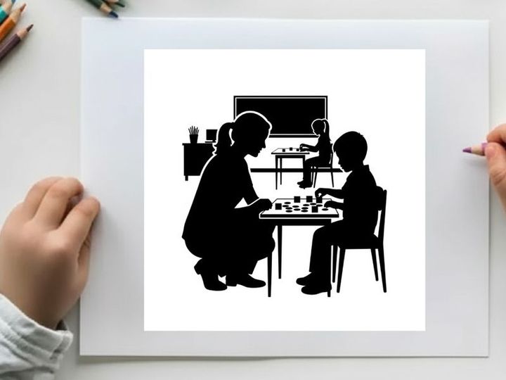 Silhouette of two children playing chess in a classroom setting