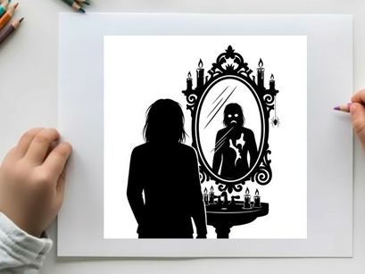 Silhouette of woman looking at her reflection in ornate mirror with candles