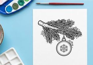 Christmas bauble hanging on a pine tree branch, festive winter holiday line art drawing.