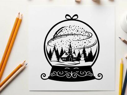 Snow globe silhouette of a winter village scene